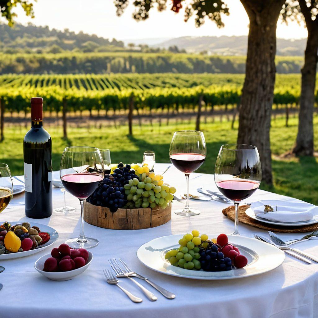 A beautifully arranged dining table with an elegant white tablecloth, featuring a variety of wine glasses filled with different wines, gourmet dishes artfully plated, and fresh ingredients surrounding them. Soft, warm lighting creates an inviting atmosphere, while a wine bottle stands proudly in the center. The background hints at a vineyard, enhancing the connection to wine making. super-realistic. vibrant colors. elegant atmosphere.