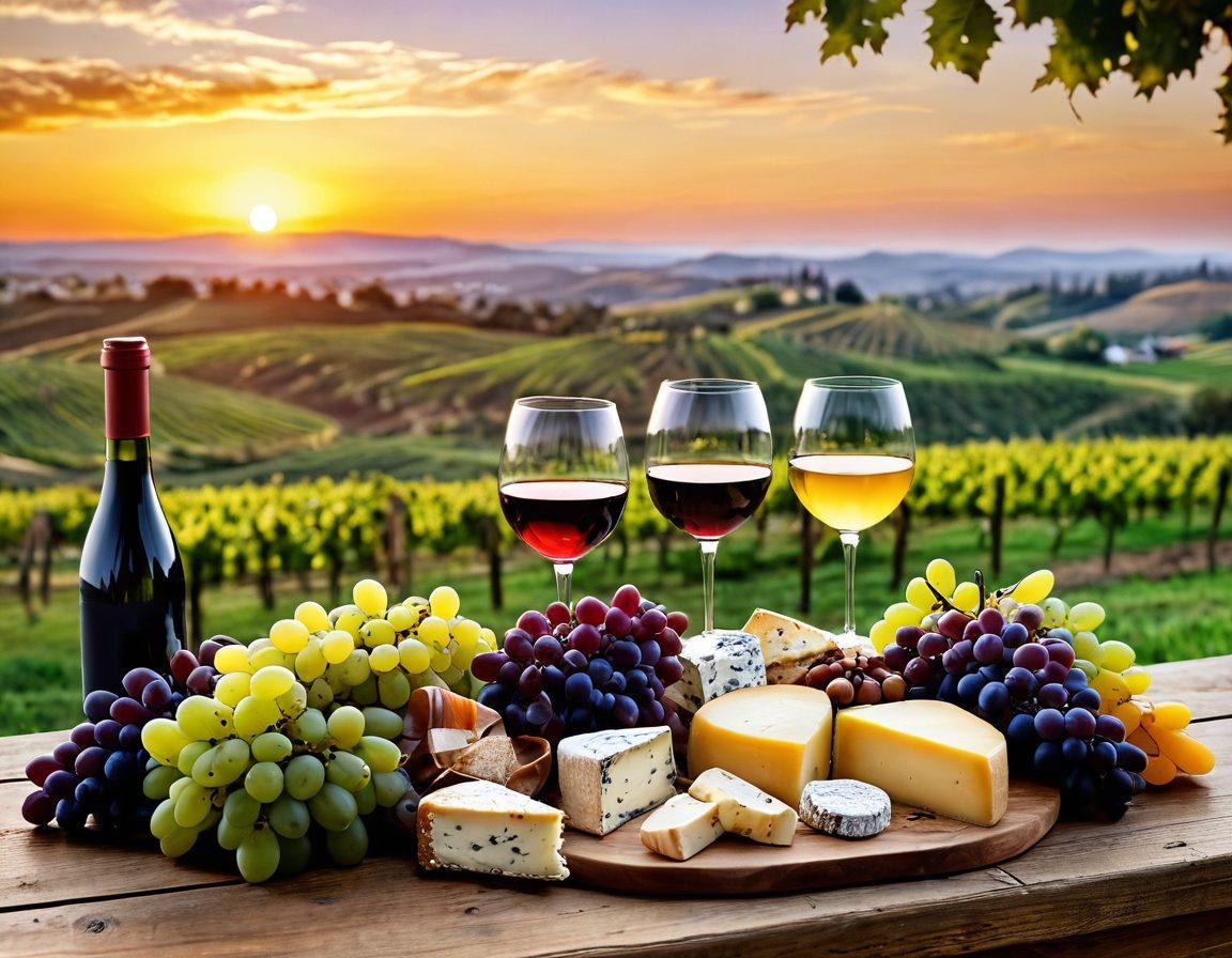 A beautifully arranged wine-tasting scene featuring an assortment of colorful grape varieties, elegant wine glasses filled with various wines, and artisanal cheese pairings on a rustic wooden table. In the background, a vineyard landscape with rolling hills and lush grapevines under a golden sunset sky. The atmosphere exudes warmth and sophistication, inviting the viewer to explore the artistry of wine. super-realistic. vibrant colors. warm tones.