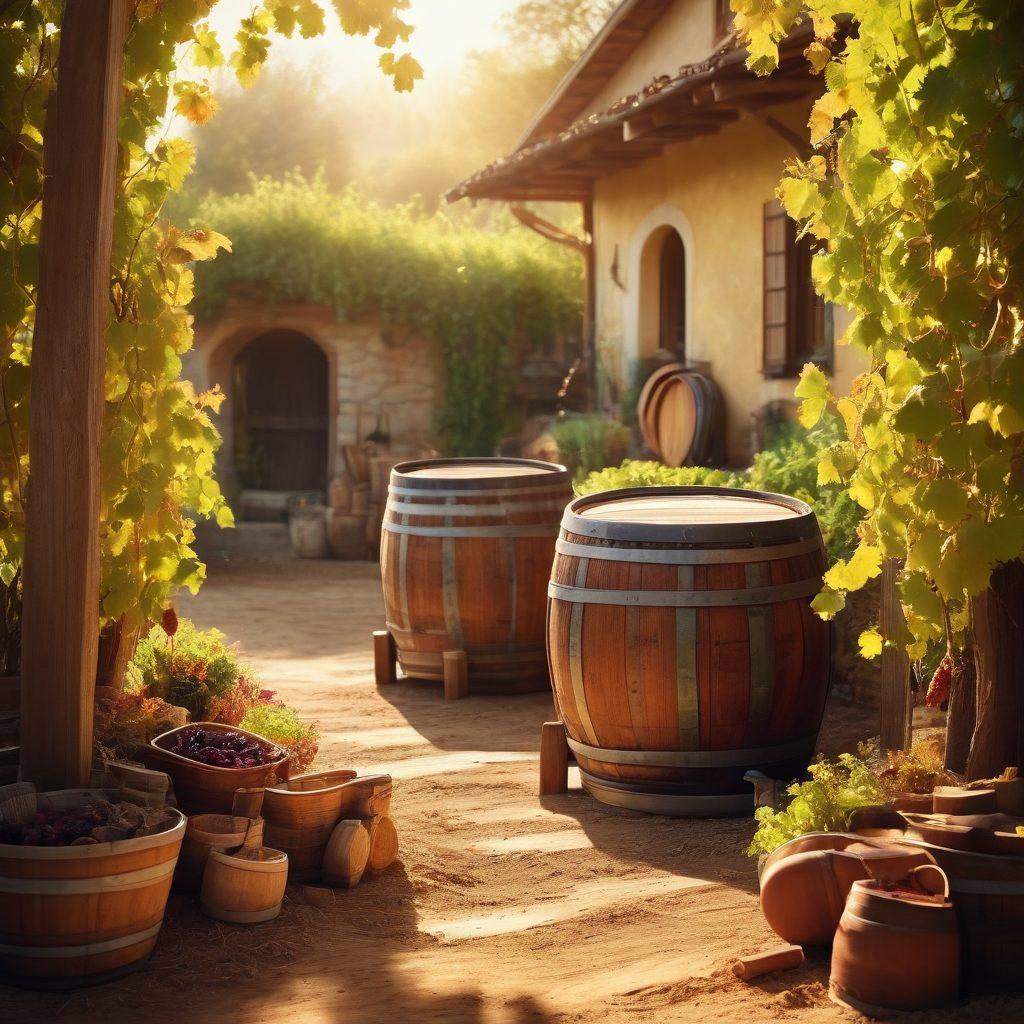 A rustic vineyard scene showcasing handcrafted wine barrels with artisanal tools around, vibrant grapevines, and a skilled winemaker at work, emphasizing sustainability through nature-friendly elements like organic soil and bees buzzing. The setting is bathed in warm golden sunlight to evoke a sense of craft and tradition. super-realistic. vibrant colors. natural lighting.